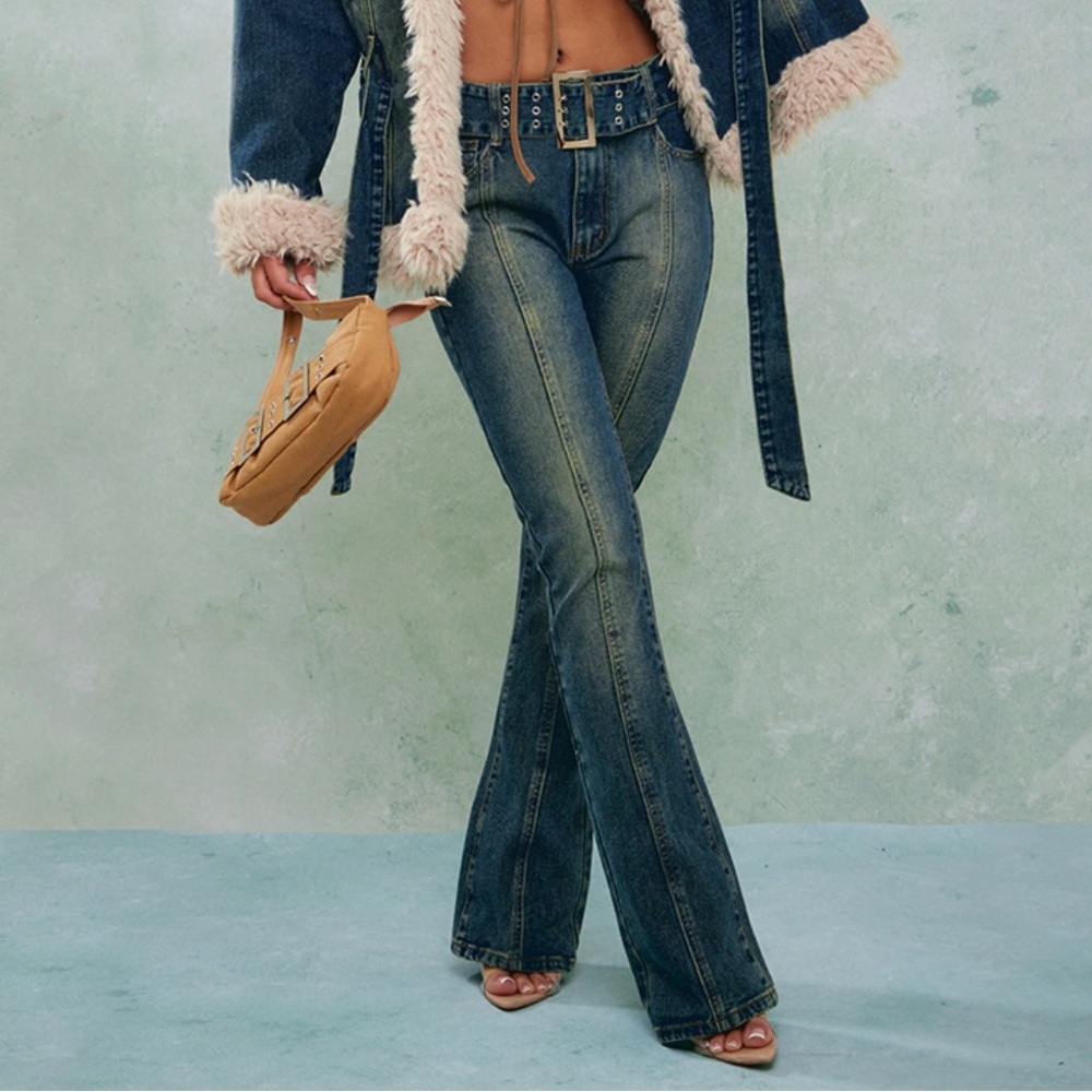 Brand New Indigo Vintage Wash Belted Seam Front Flare Jeans Size 12